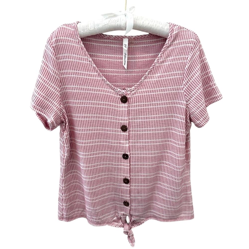 NY COLLECTION | Pink White Striped Textured V-Neck Short Sleeve Top | Large